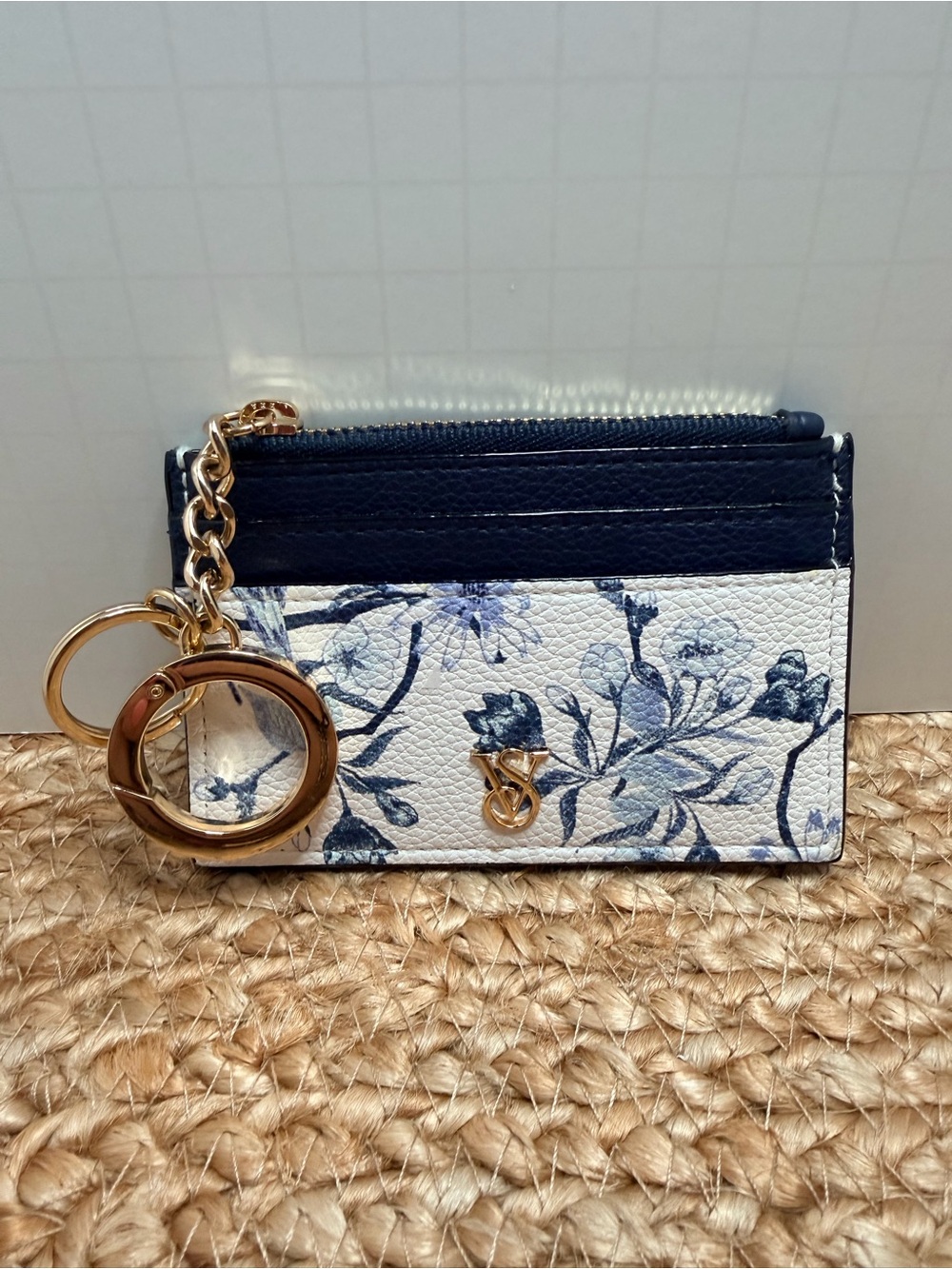 Victoria's Secret Navy and White Floral Cardholder Keychain with Gold Hardware